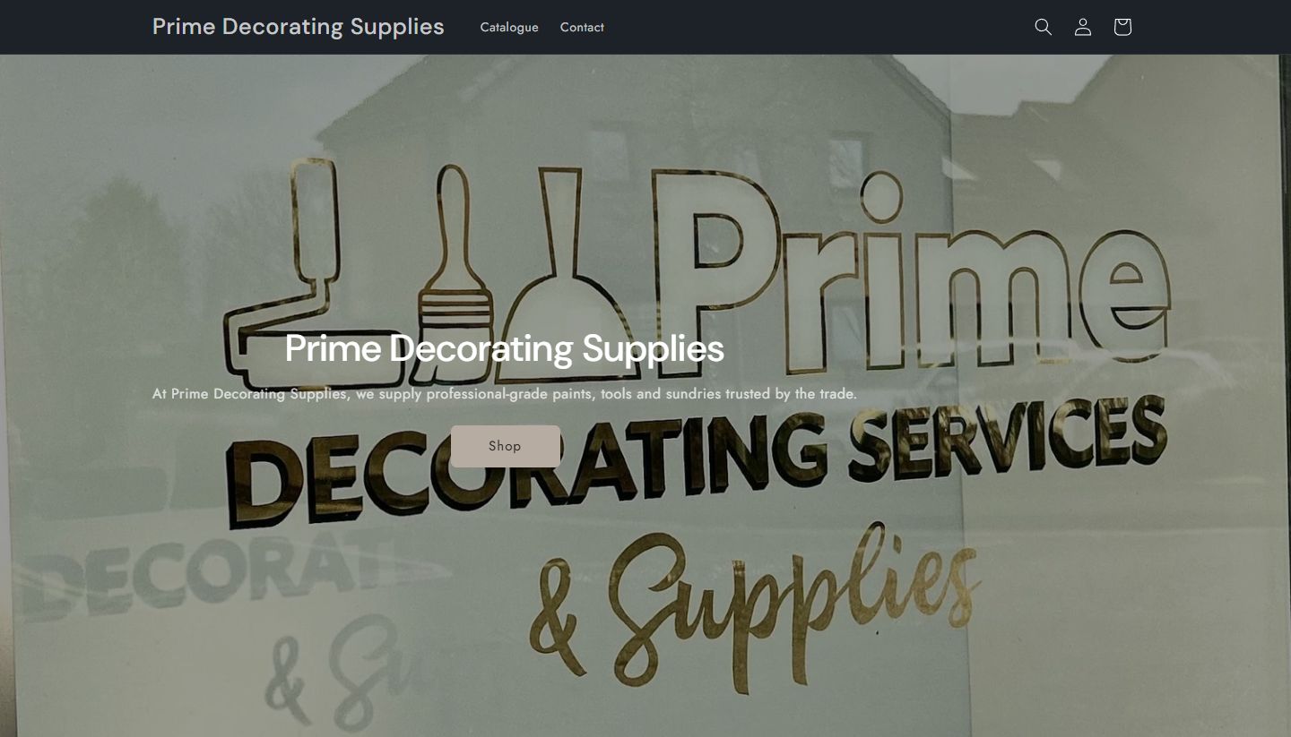 Prime Decorating Supplies homepage: the shop name and a Shop button over a photo of the gold Prime Decorating Services & Supplies window sign