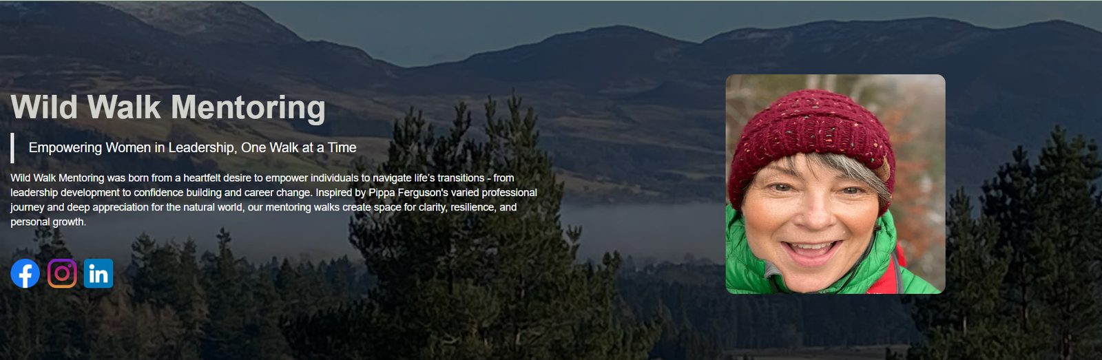 Wild Walk Mentoring homepage: the site title and tagline over a Highland landscape, with a photo of Pippa